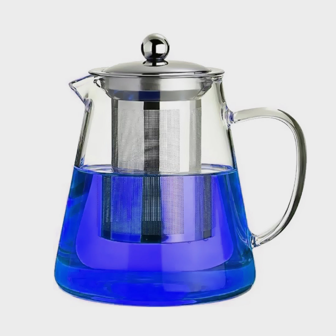 Tall Glass Teapot Kettle with Stainless Steel Infuser & Lid – Blue Tea ...